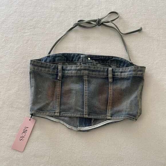NWT Micas Rust Halter Denim Crop Top‎ Y2K Style Sz L Grunge Western - Picture 10 of 10